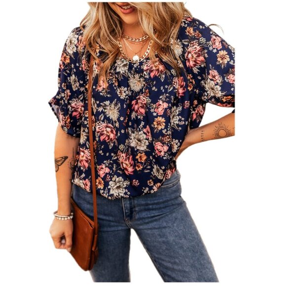 💐 NWT Blue Floral Short Sleeve Scoop Neck Casual Blouse – Size M - Picture 1 of 11